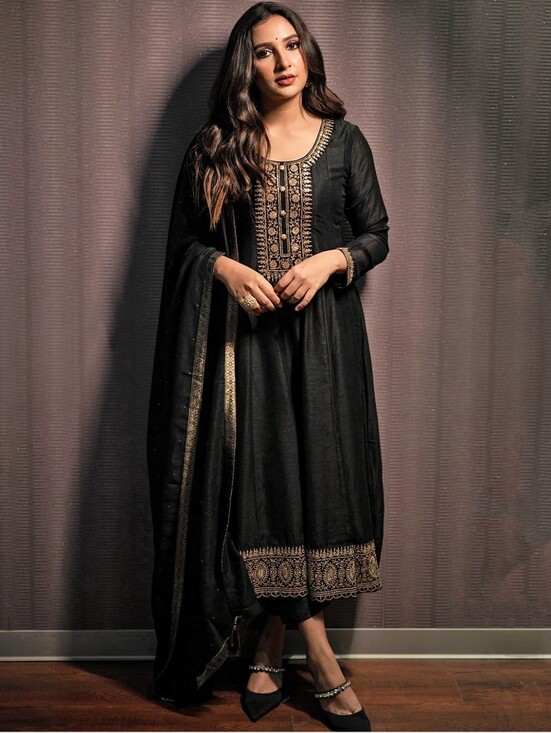 Other - Libas  Black Gold Embroidered Anarkali Kurta Set Dupatta Indian Size Xxl